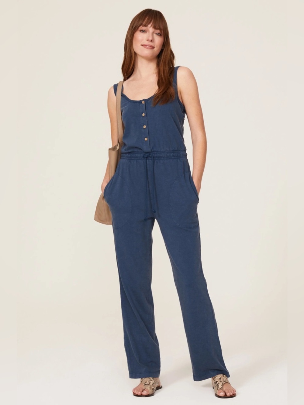 Faherty Terra Blue Organic Cotton Jumpsuit stretch casual wide leg small